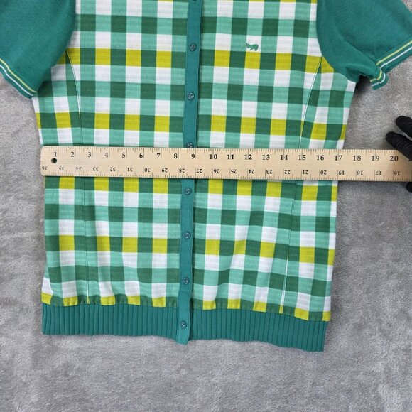 PAT Shirt Womens Large Green White Yellow Plaid Button Front Short Sleeve Knit - Picture 6 of 10